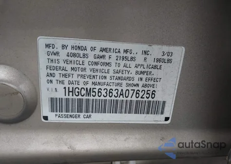 2003 Honda Accord 2.4 Lx z USA, uszkodzony, nr VIN 1HGCM56363A076256